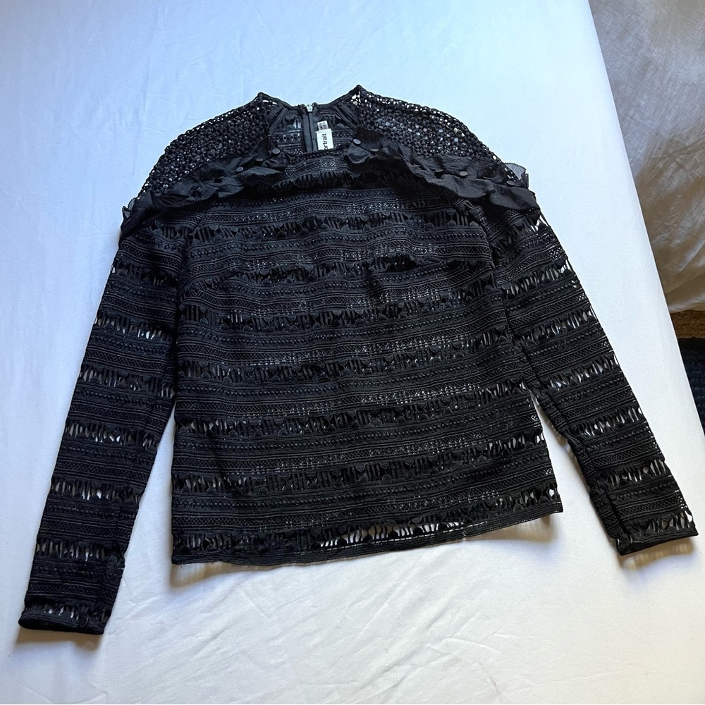 SELF-PORTRAIT black open lace ruffle detail long‎ sleeve blouse